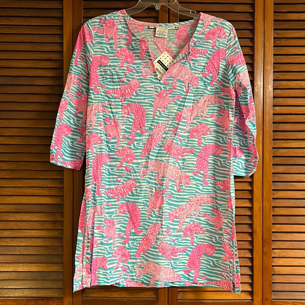 NWT Gretchen Scott Women’s Medium Long Sleeve Dress Tiger Design Vibrant Pink